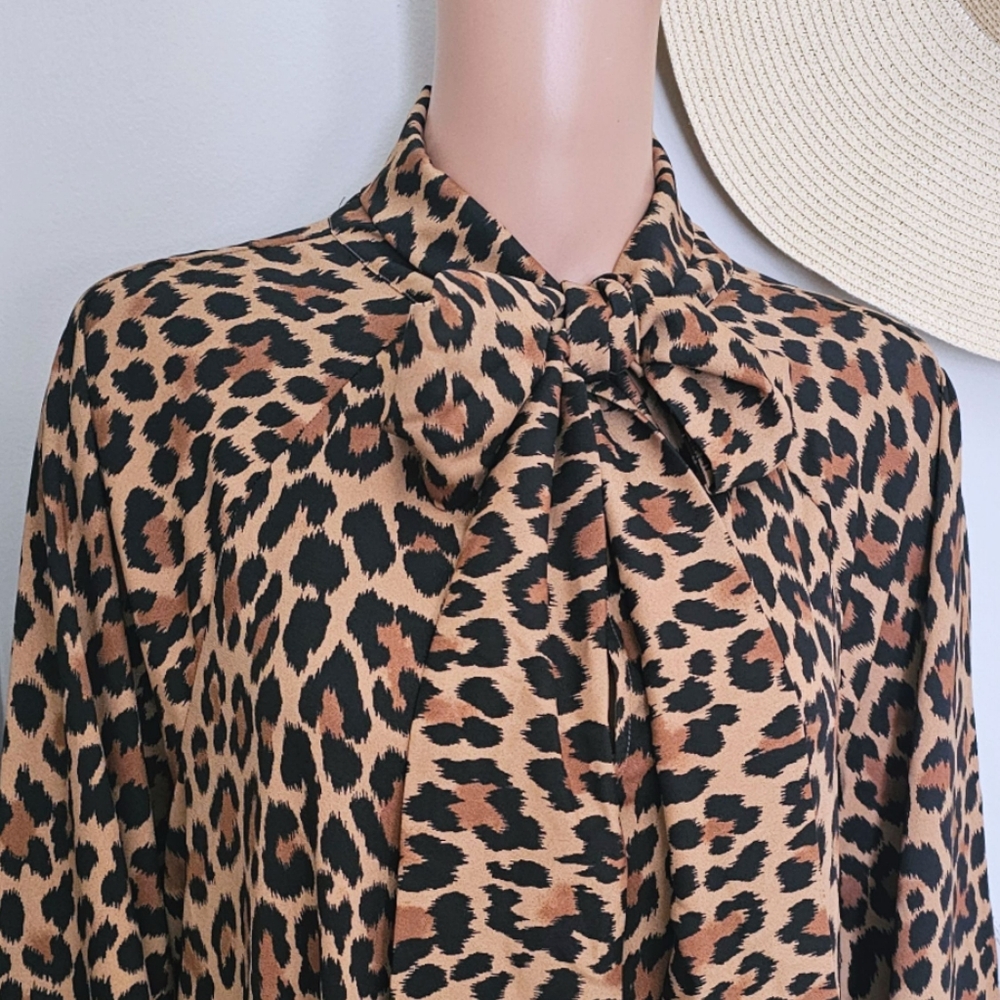 Kate Spade NY Leopard Print Necktie Drop Waist Drop Long Sleeves Swing Dress - Picture 5 of 11